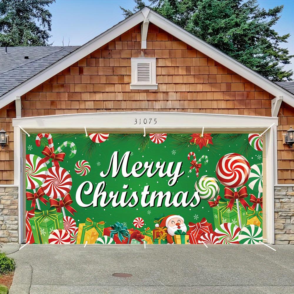 Christmas Garage Door Banner Decoration - Merry Christmas Themed Polyester Banner with Lollipop and Gift Box Patterns