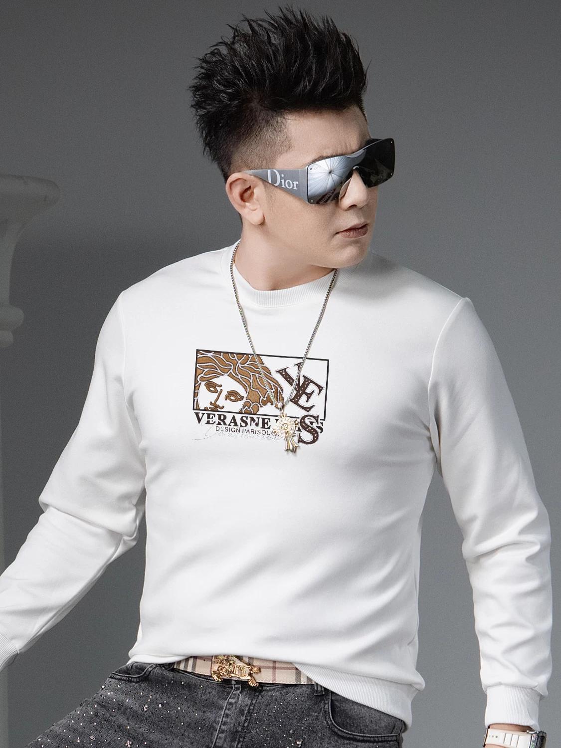 

European Station 2025 Autumn New Trendy Printed Rhinestone Pullover Sweatshirt Men s Casual Top Round Neck Base Shirt M белый