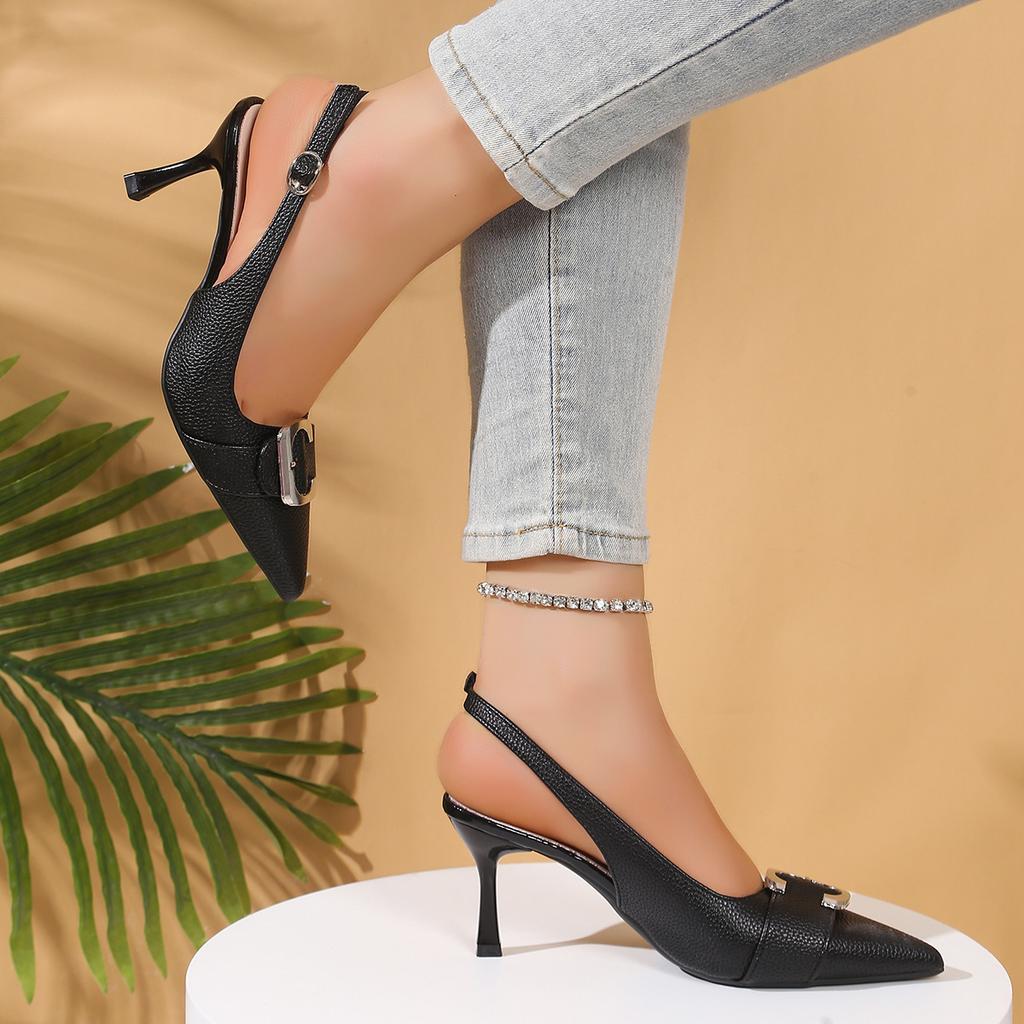 Fashion 2025 Female Slingbacks New Pumps Slides Women Heels Shoes Pointed Toe Footwear Fashion Metal Buckle Ladies High Heels Shoes