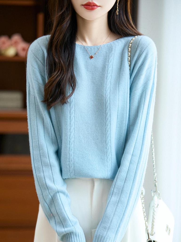 2025 Women's Premium French Pure Wool Seamless Cable Knit Long-Sleeve Sweater Base Layer