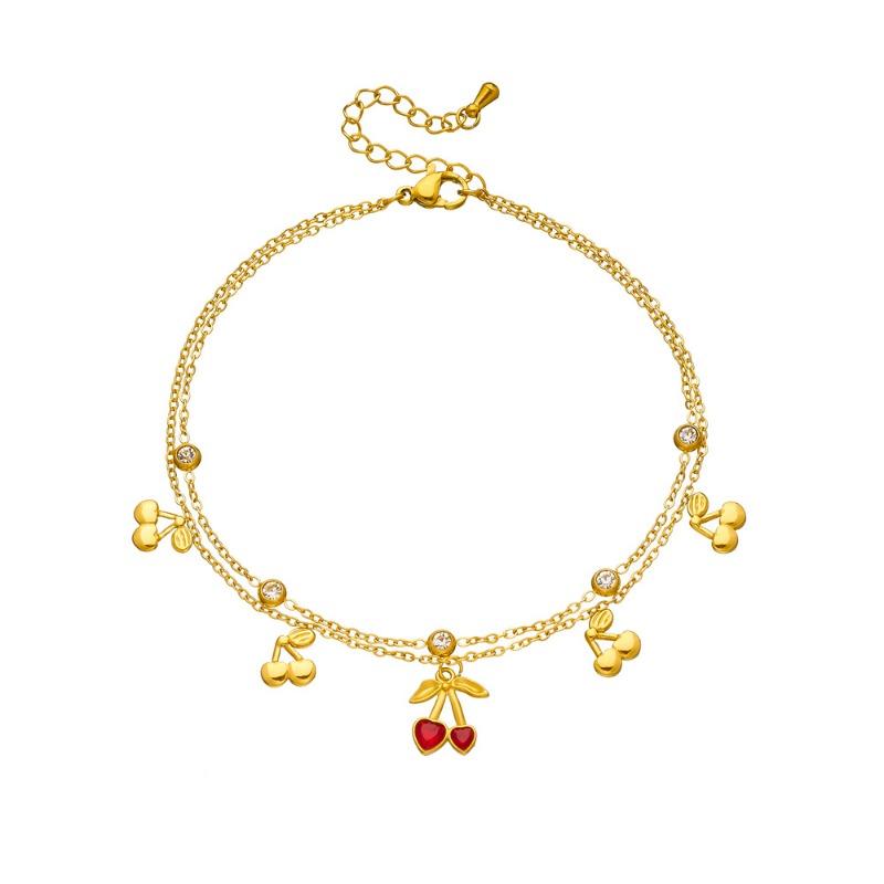 Double Layer Gold Cherry Charm Anklet with Zircon
