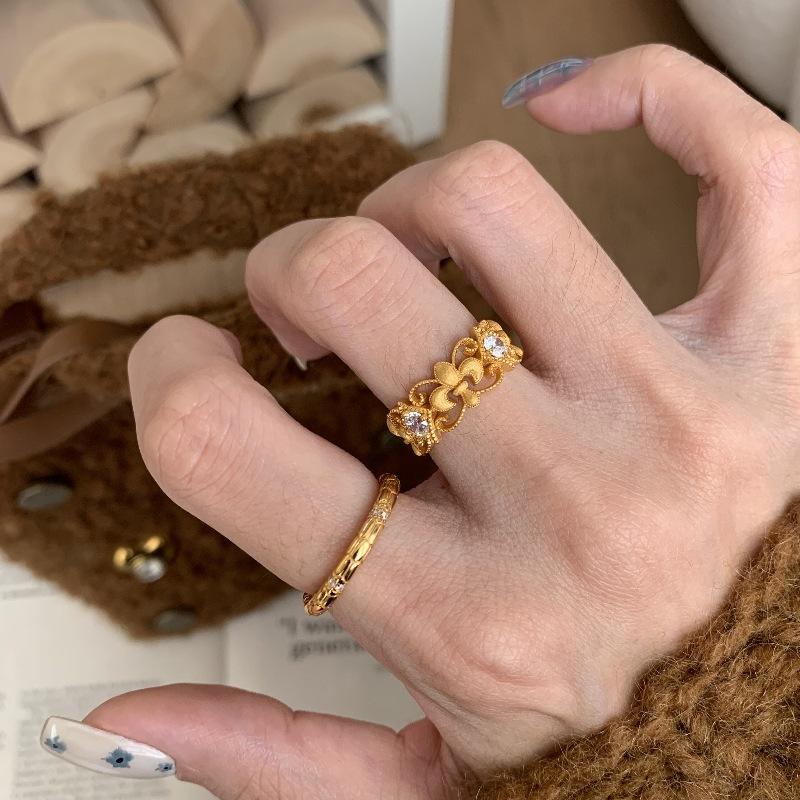 Light Luxury Retro Iris Lace Diamond Ring Niche Design Personalized Real Gold Electroplating High Color Retention Versatile Ring