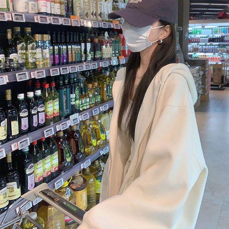 Korejský Oversized Mikinový Svetr s Kapucí pro Ženy - Podzim/Zima Sametový Silný Top v Uvolněném Stylu