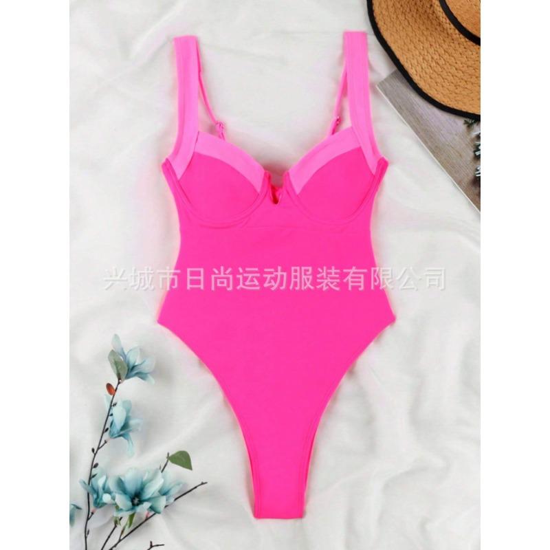 

Swimsuit new women s contrasting color splicing sexy fresh collar one-piece bikini one-piece high-waisted swimsuit conservative XL темно-рожевого кольору