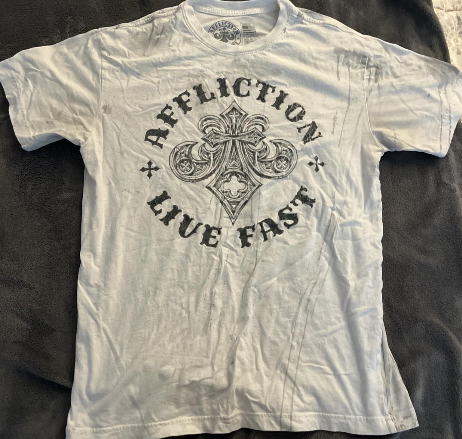 Рубашка Affliction Мужская Размер L Белая Футболка с Графикой Live Fast Крылья Потертая Байкерская Унисекс XL