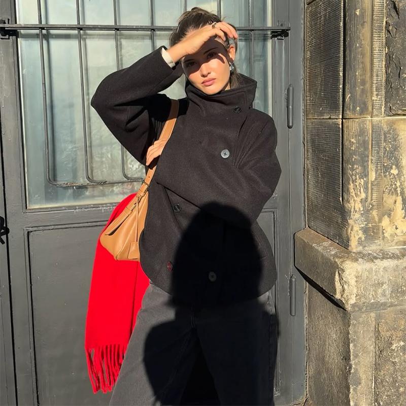 Elegant Women's Coat High Stand Collar Full Sleeve Double Breasted Solid Female Coats 2025 Autumn Fashion High Street Lady Top