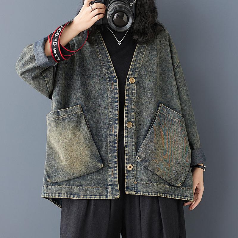 Spring Jacket Coats Women Denim Patchwork Coats Casual Bat Loose Cotton Buttons Oversize Blue Short Jacket