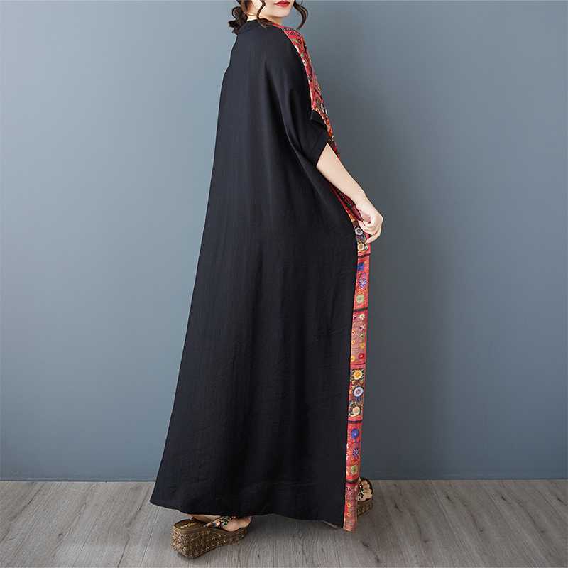 Ladies' Red Square Grid Splicing Black Long Dress Vintage Robe