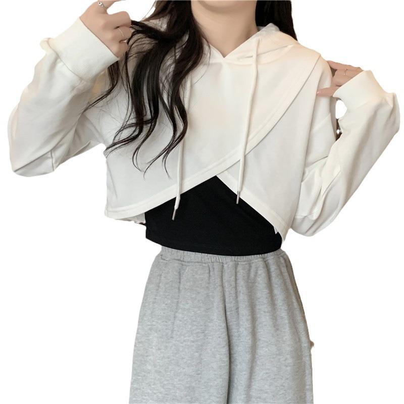 Irregular Cropped Two-Piece Hooded Sweatshirt for Women, 2023 Autumn/Winter, Korean Loose Slimming Chic Style.