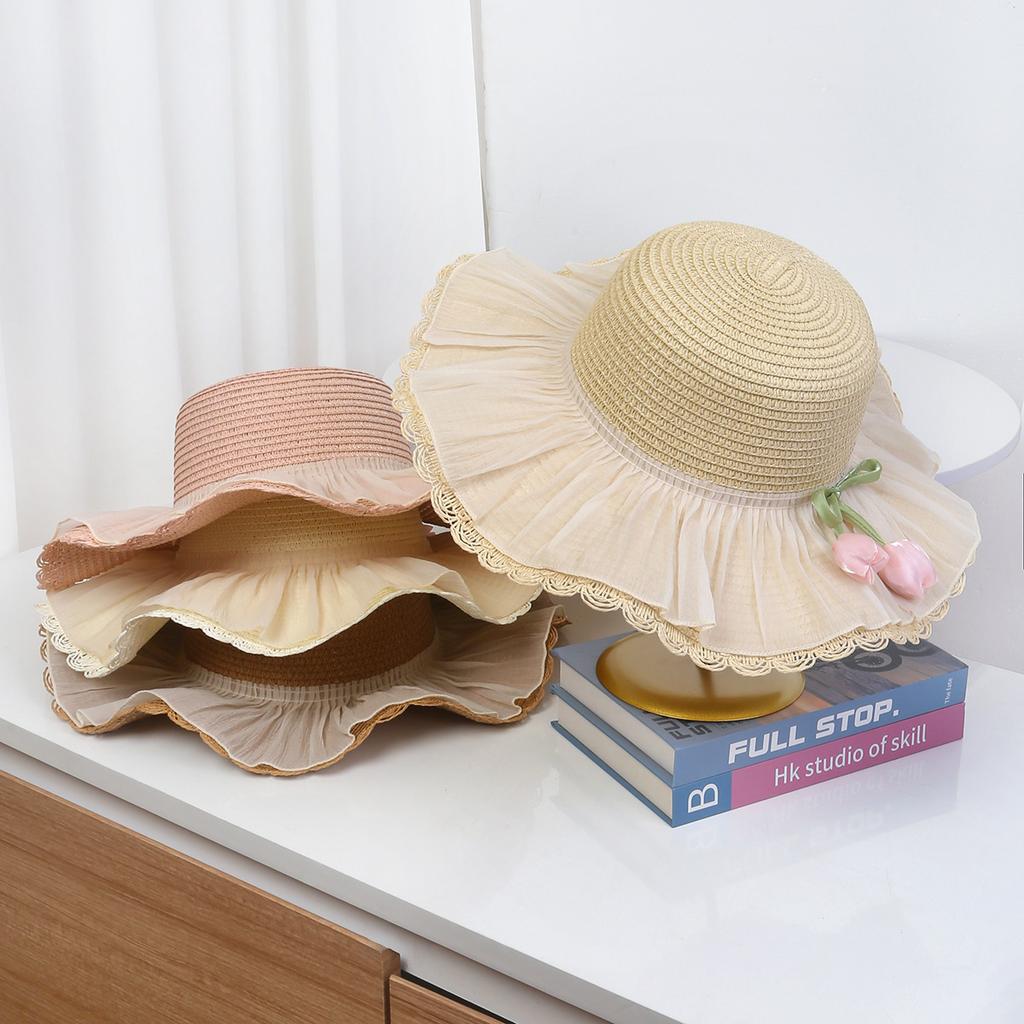 Adult Women's Straw Hat with Large Brim Foldable Floral Fresh and Sweet Floral Edge, Princess-style Versatile Sun Hat for Adult Women