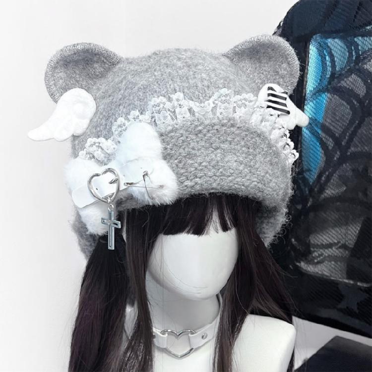 Warm Blue Bear Hat with Ear Furry Caps Cartoon Ear Hat Solid Color Wing Winter Plush Hat for Casual Wear