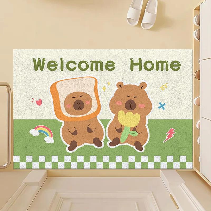 Cute Cartoon Bear Carpet Fruit Capybara Headwear Design Rug "GOOD LUCK" Mat Non-Slip Door Mat for Entryway Home Decoration