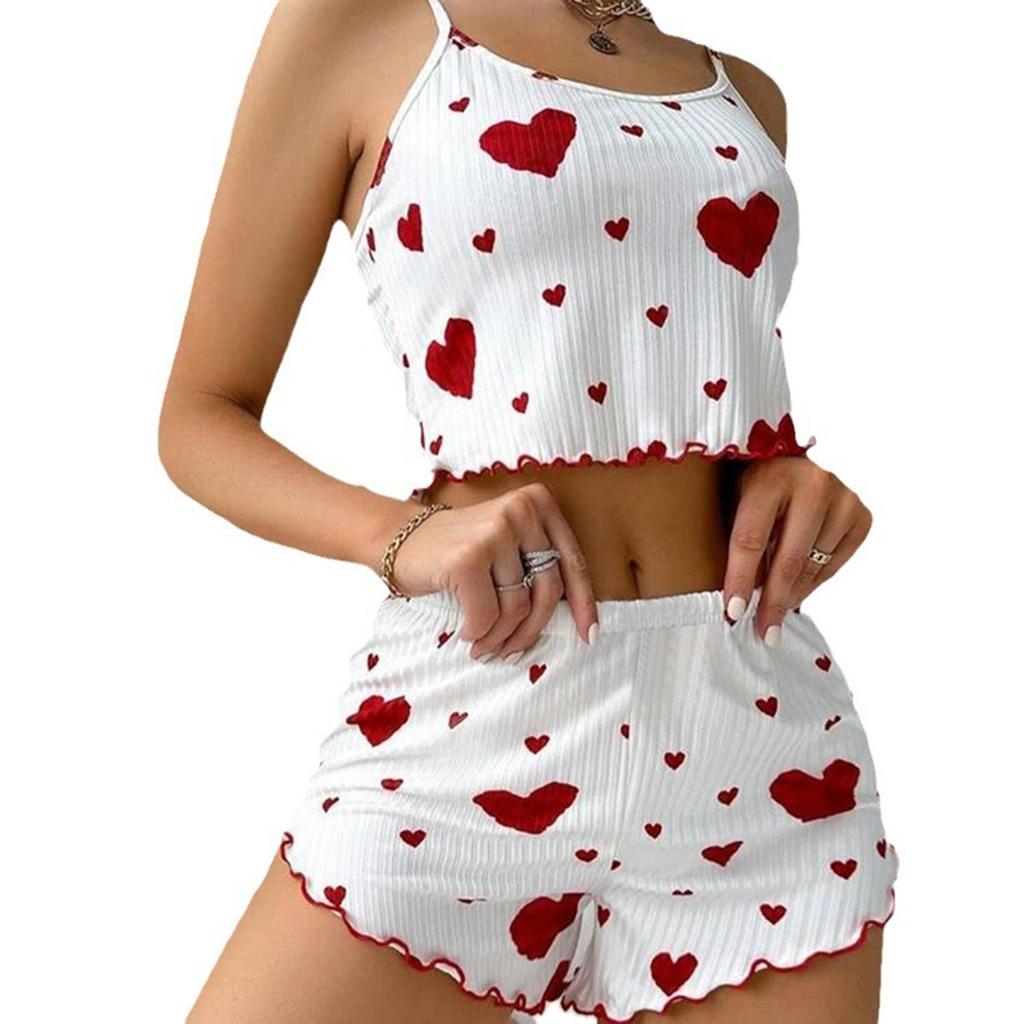 Kadın Pijama Takımı Gecelik 2 Parça Kısa Atlet Ve Şort SML Beyaz Havalandırma Yumuşak Rahat Aşk Baskı