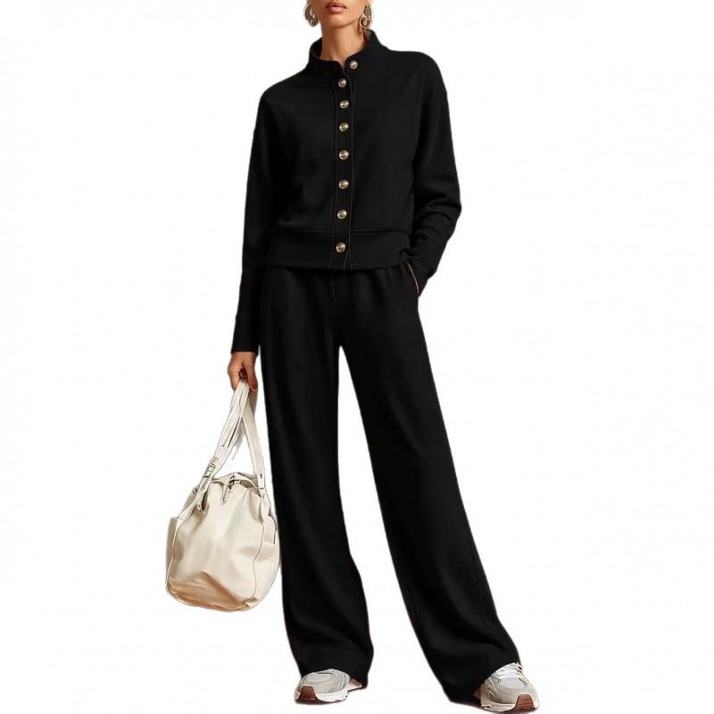 Womens 2026 Solid Color Stand Collar Hoodie Wide Leg Pants Set Loose Comfortable Casual Two Piece Outfit