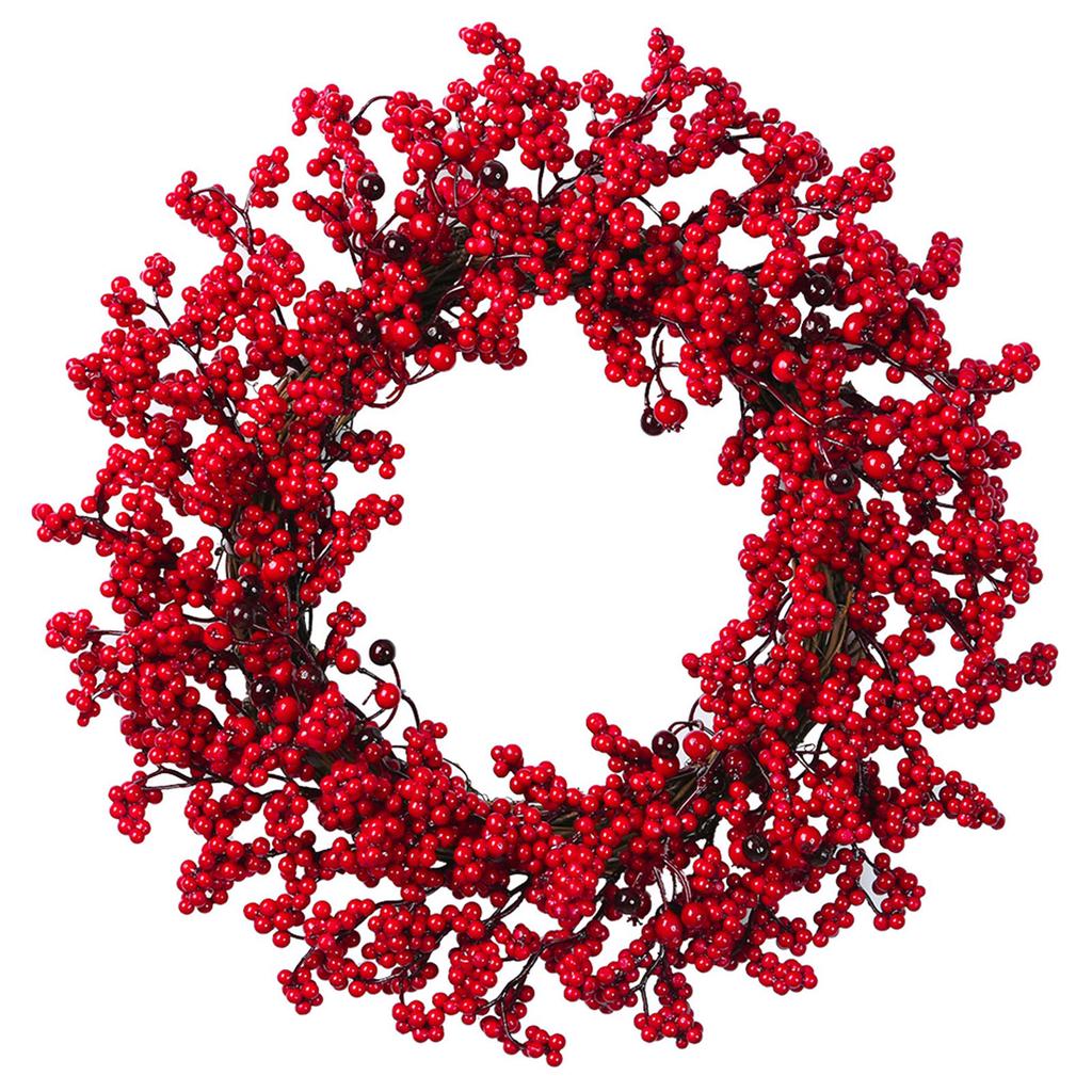 Artificial Red Berry Wreath 45cm Plastic Holly Berry Wreath Xmas Decoration for Front Door Wall Fireplace Dark Red