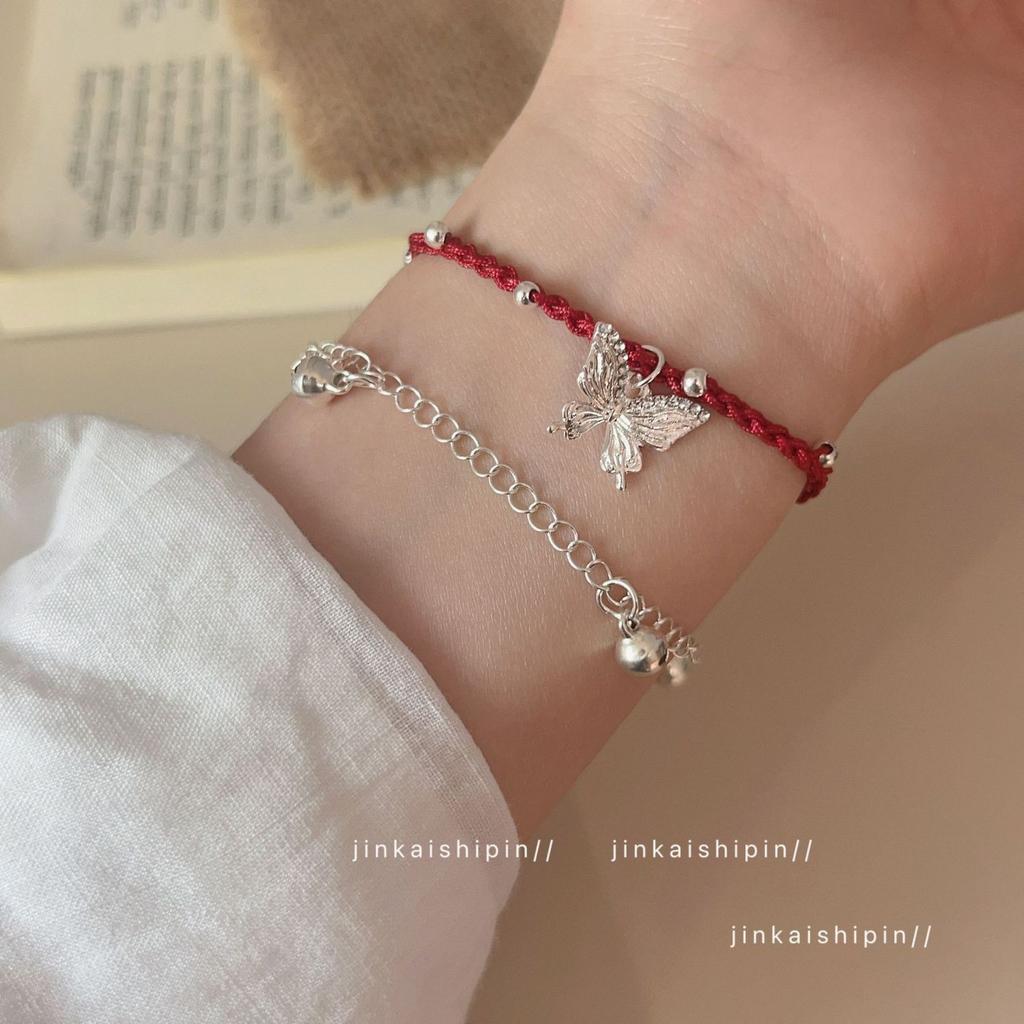 Miaojiang Pulseira de corda vermelha estilo chinês para menina com sino de borboletanatal alta qualidade requintada corda de mão joia tecida à mão