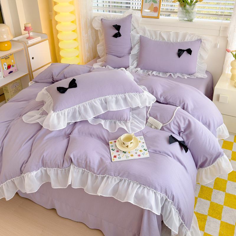 Class A Maternal And Infant Grade Girl Wind Princess Wind Seersucker Bed 4Pcs Set Of Bubble Cotton Lace Four Pieces