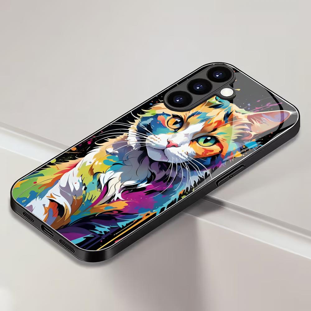 Colorful Cat Black Tempered Glass Phone Case Suitable for Samsung Galaxy S26 S25 S24 S23 S22 S21 S20 FE/Ultra/Plus Anti Fall