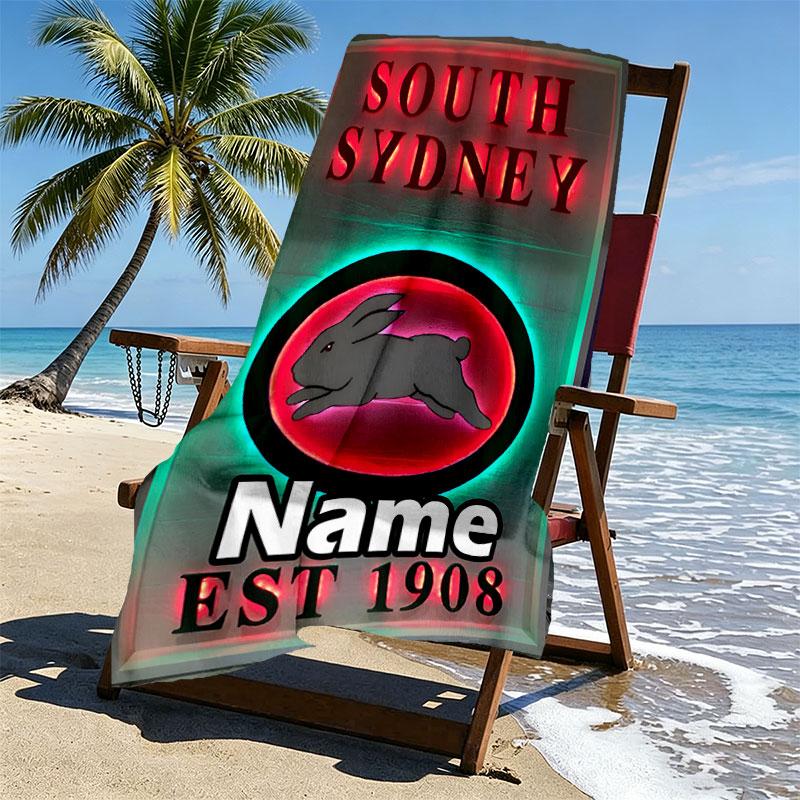 Custom Name Personalized South Sydney Rabbitohs Print Beach Towel, for Trip Camping Beach Party Home Decor, Birthday Gift for Family & Friends