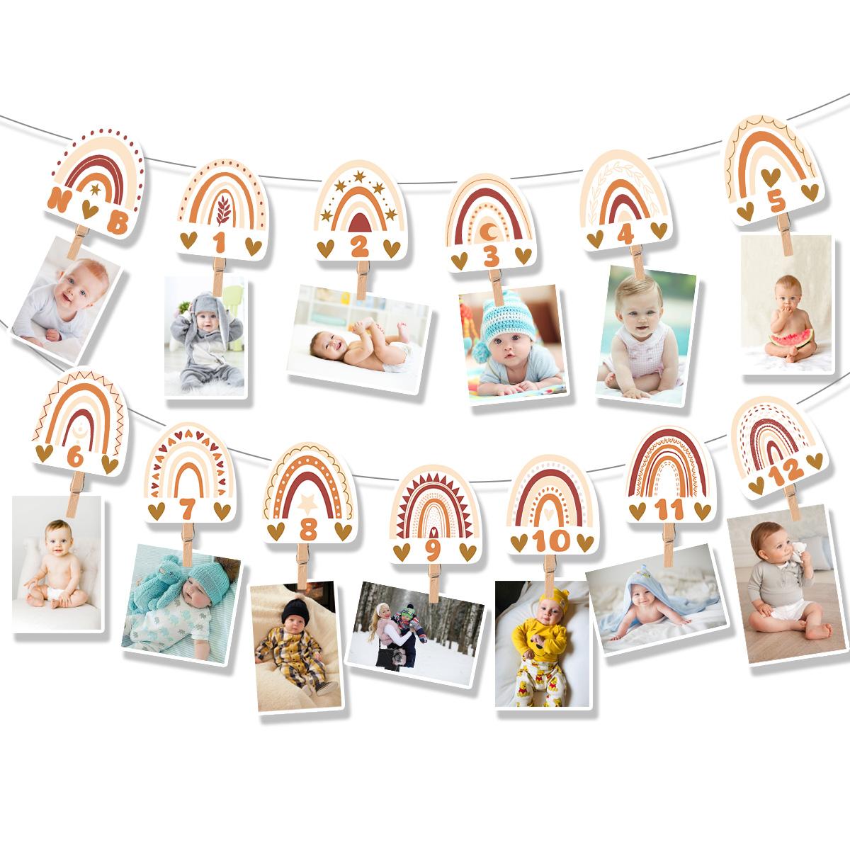 

Rainbow First Birthday Photo Supplies Baby Boho Monthly Milestone Photo Banner Newborn to 12 Months for Bohemian Birthday Party
