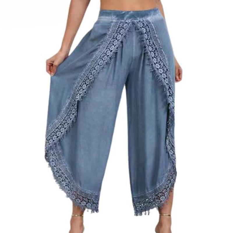 High Waist Wide Leg Ninth Length Harem Pants Solid Color Women Lace Trim Casual Pants Lady Clothing