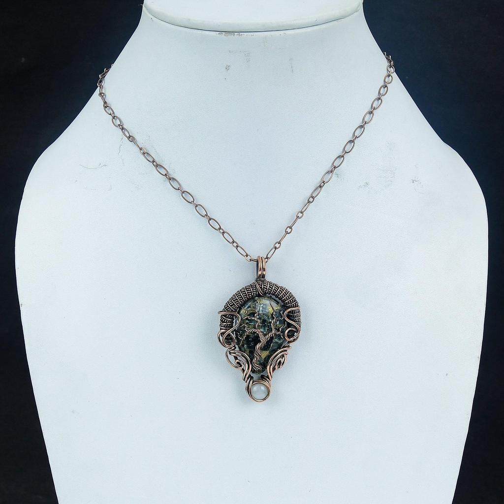 Copper Seraphinite Pendant, 999 Copper Wire Wrapped Gemstone Jewelry, Handmade Pendant, For Thanksgiving