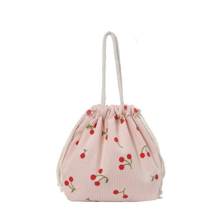 

Cute Corduroy Handbag Fresh Strawberry Drawstring Bag Key Headphone Data Cable Organizer Pouch Student Makeup Bag Toiletry Bag