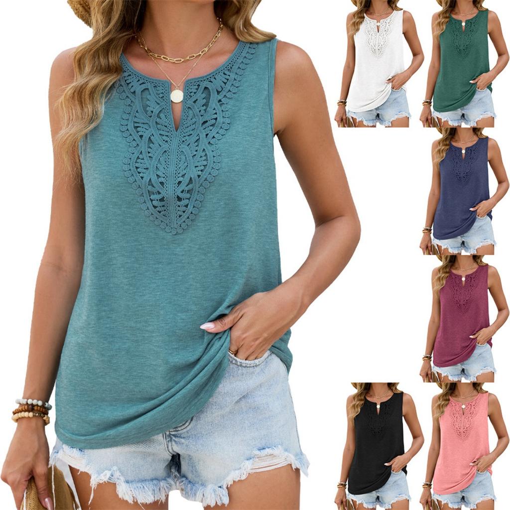 Spring Summer New Solid Color V-Neck Lace Trim Loose Sleeveless Vest T-Shirt Top for Amazon Cross-border Europe USA
