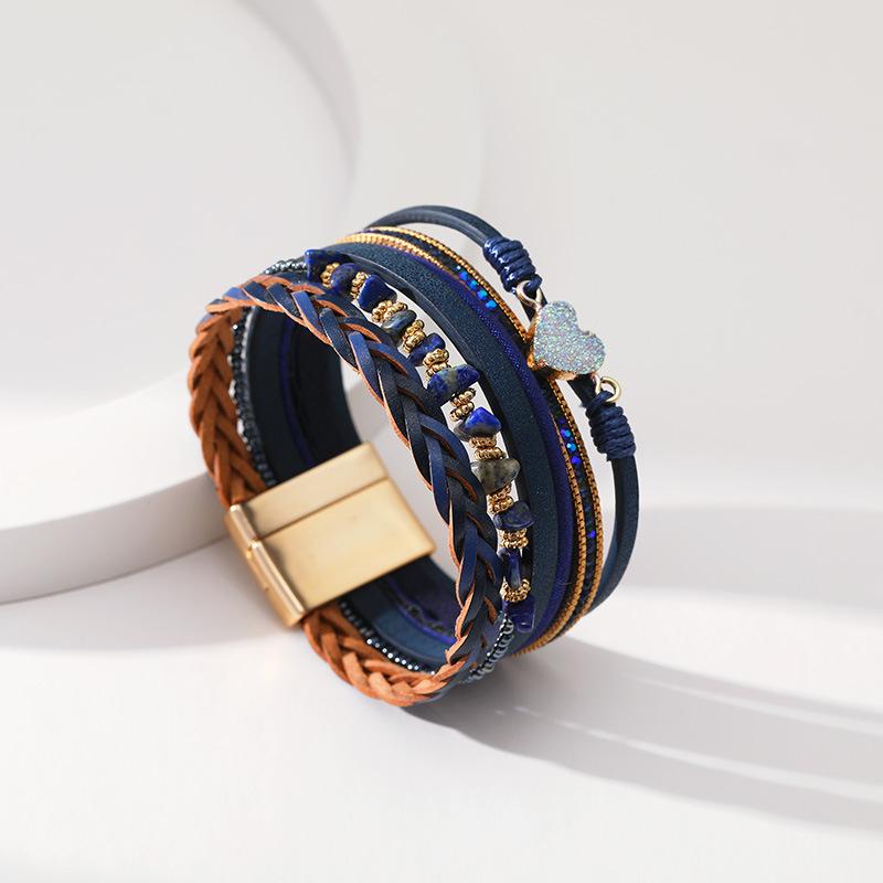 Accessori a Forma di Cuore di Pietra Pelle Intrecciata Multistrato Gioielli da Donna Bracciale Largo Regalo