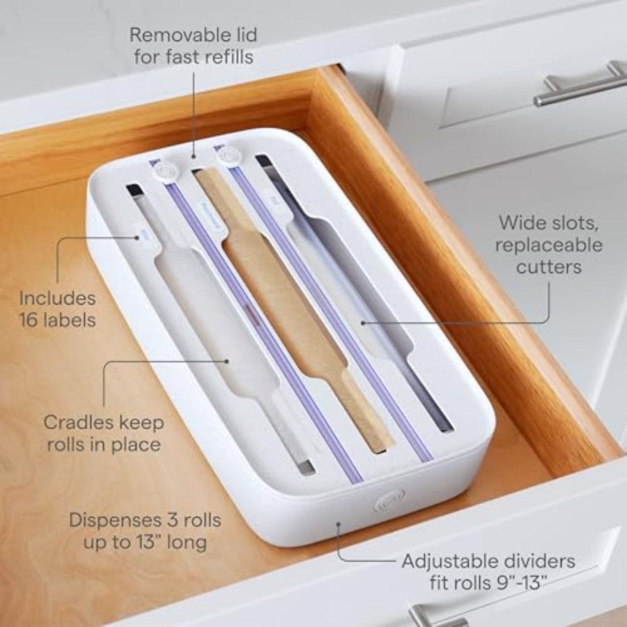 StoraRoll Wrap Dispenser 3-in-1 Kitchen Drawer Organizer for Foil Plastic Wrap Parchment and Wax Paper with Safety Cutters and