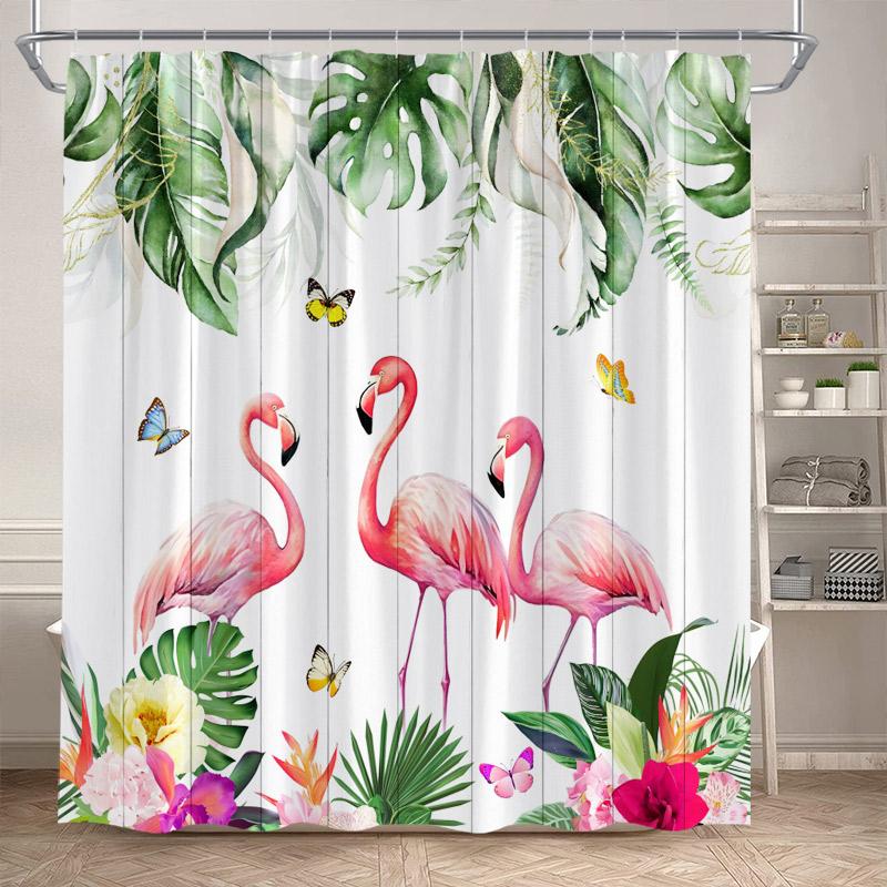 Shower Curtain, Tropical Flamingo Jungle Waterproof Polyester Bathroom Curtain With Hooks, Palm Tree Lotus Flower Decor Bath Cur