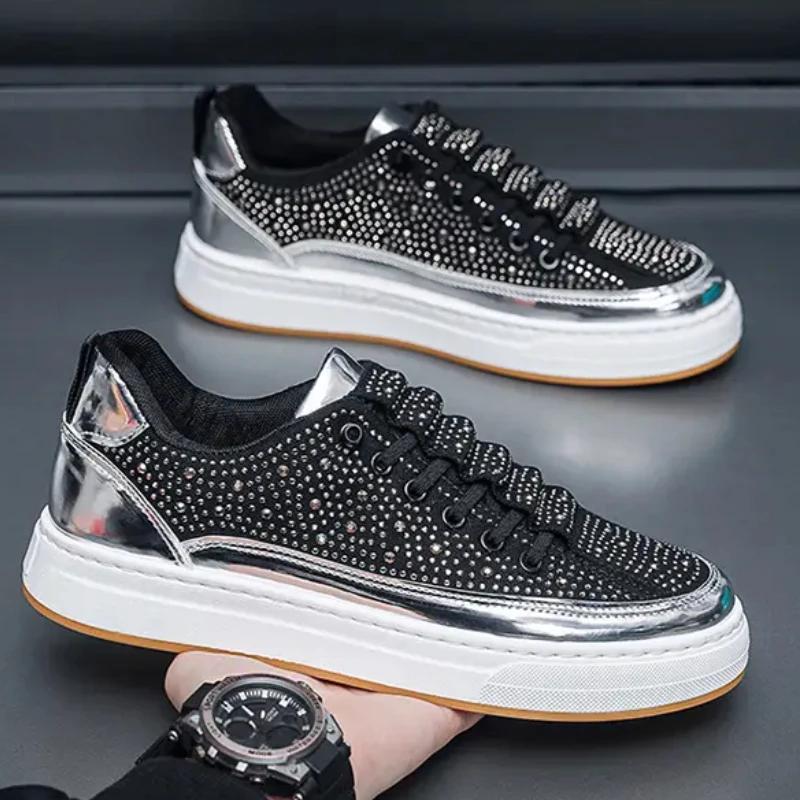 

Мужские кроссовки со стразами для отдыха, весна-осень, модные, нескользящие, удобные, плоские, с толстой подошвой, с круглым носком, для ходьбы 39 чёрный