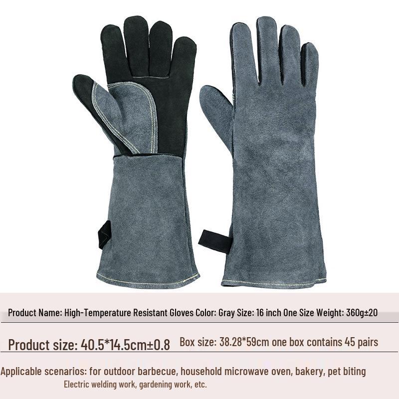 Extra Long Flame Retardant Cowhide BBQ Gloves - Heat Resistant Up To 500°F - Anti-Scald Protection for Baking, Oven, Boiler, and Grilling