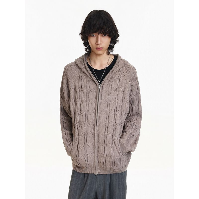 Blaexit American Retro Textured Khaki Hooded Knitwear for Men and Women, Autumn and Winter Zipper Knitwear Jacket