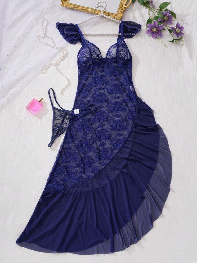 Plus Size Lace Deep V Mesh Lingerie Set with Thong