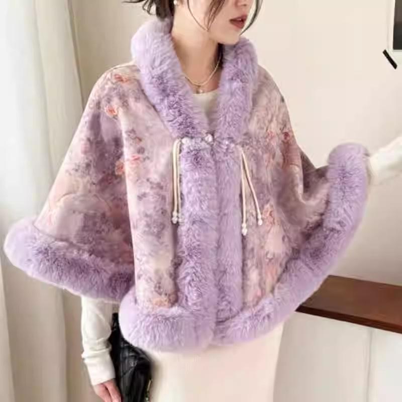 Small Cape Shawl Jacket Women'S Short Printed Velvet Thickened Rex Rabbit Hair Collar Sleeveless Cheongsam Wedding Dress