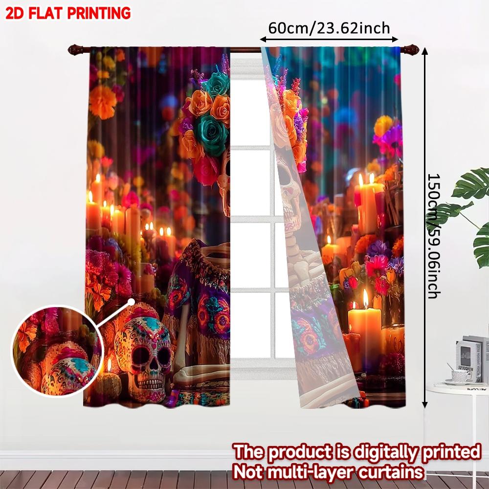 Skull Flower Crown Curtains Digital Printing Sugar Marigold Candle Pattern Day Dead Theme Room Decor Set Of 2 Made Polyester