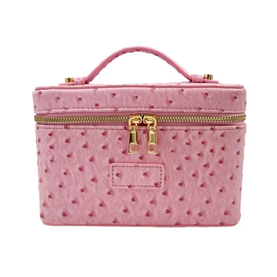 Portable Cross-Grain Leather Cosmetic Bag with Gold Hardware - Makeup and Skincare Travel Organizer