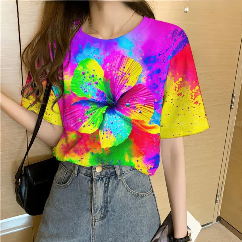 Summer Round Neck 3D Colorful Flowers Pattern Print Top Fashionable Casual Short Sleeved Women's T-shirts