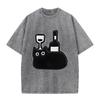 Vintage Acid Wash Oversized T Shirt for Women Men Funny Cartoon Black Cat Beverage Cup Print Short Sleeve Tee Y2K T-shirts