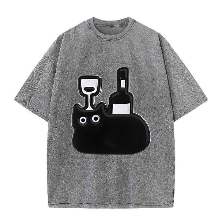Vintage Acid Wash Oversized T Shirt for Women Men Funny Cartoon Black Cat Beverage Cup Print Short Sleeve Tee Y2K T-shirts