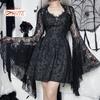 Vintage Gothic Black Lace T-shirt Elegant Flared Sleeve Smock Top See Through Sexy Cropped Tops Cardigan Streetwear