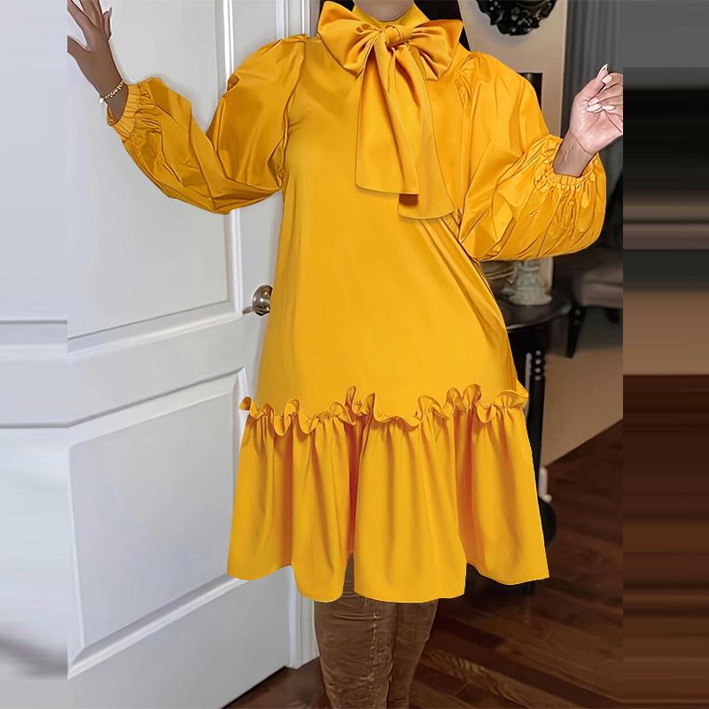 

VONDA Женские платья больших размеров с воротником-стойкой и завязками, однотонные, с длинными рукавами L жёлтый