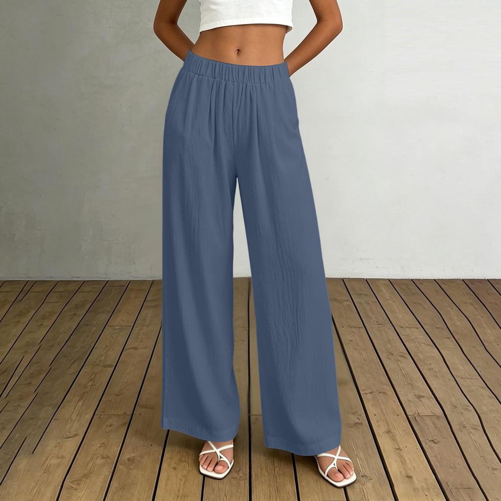 Damen High Waist Wide Leg Hose mit elastischem Bund Lockerer Schnitt Leichter fließender Stoff mit Taschen für Freizeitkleidung