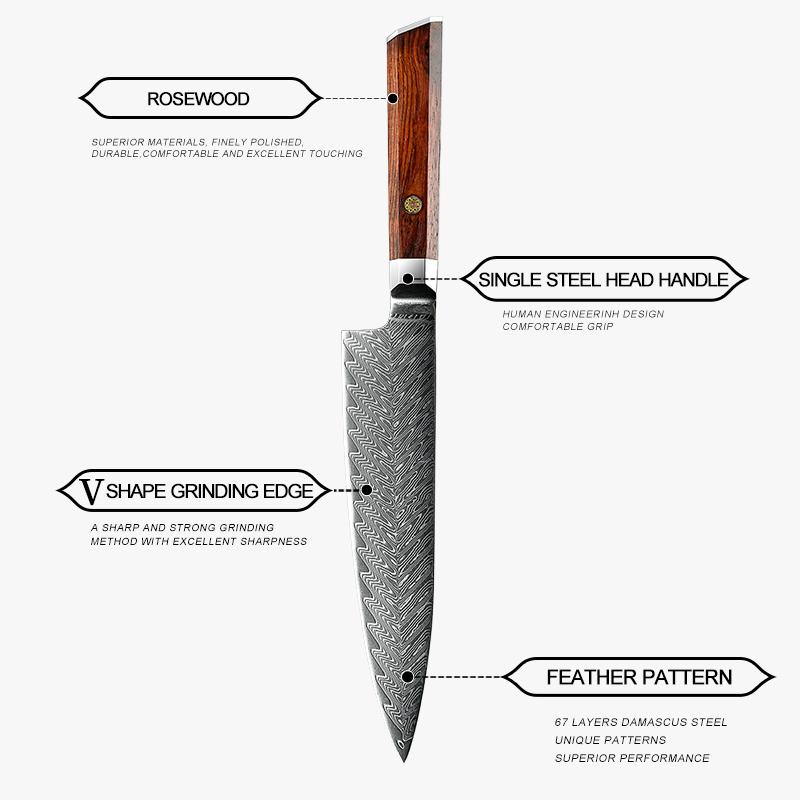 7.5 Inch Damascus Steel Chef Knife Kitchen Knife Vg 10 Japanese Chef's Knives Sashimi Cutlery Cooking Tools Rosewood Handle GRANDSHARP