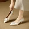 Not tired of thin heels and one-pedal shoes 2026 spring French soft leather square buckle pointed middle heel shallow mouth single shoes