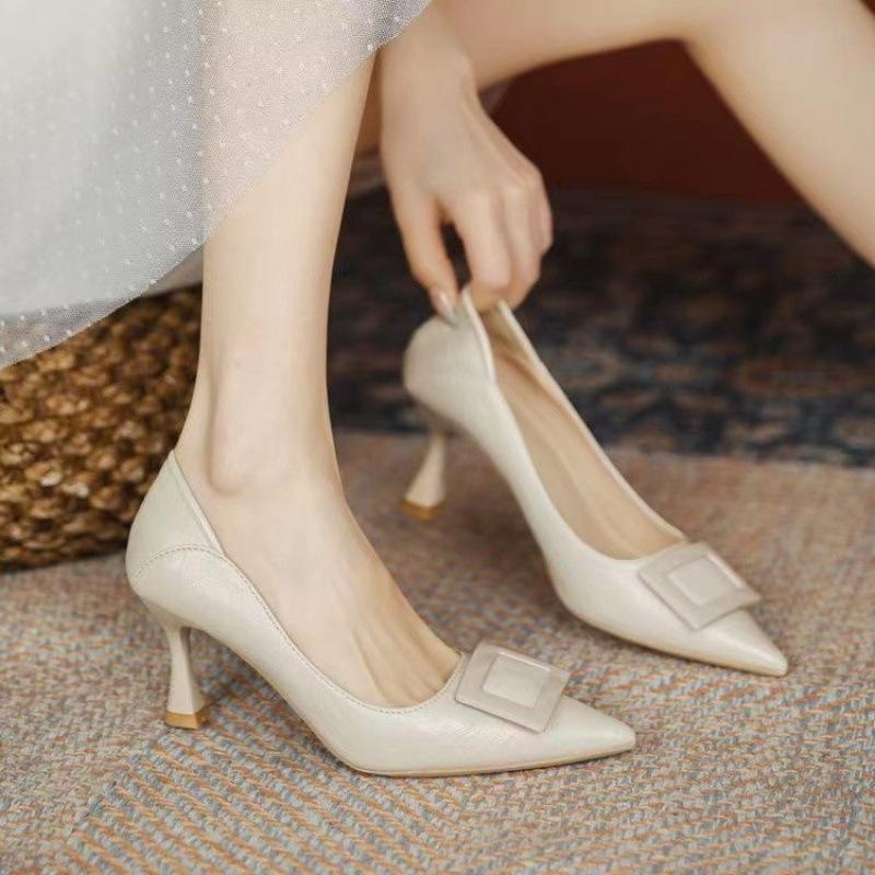Soft leather temperament high heels women's thin heels 2025 spring and autumn new French single shoes women's shoes shallow mouth pointed middle heel