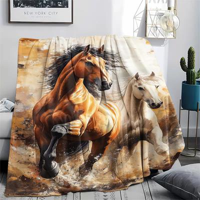 1Pc Horses Painting Print Flannel Blanket, High Quality Comfortable for All Seasons, Home Decor, Warmth and Comfort, Perfect for Christmas Gifts