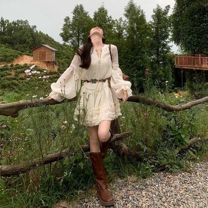 Spring Knit Long Sleeve Lantern Sleeve Short Dress With V Neck For Casual And Travel
