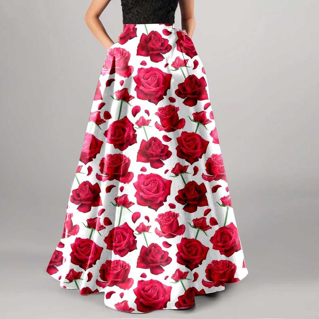 Women's Fashion Floral Print Loose Half Skirt High Waist Beach Extra Long Dress
